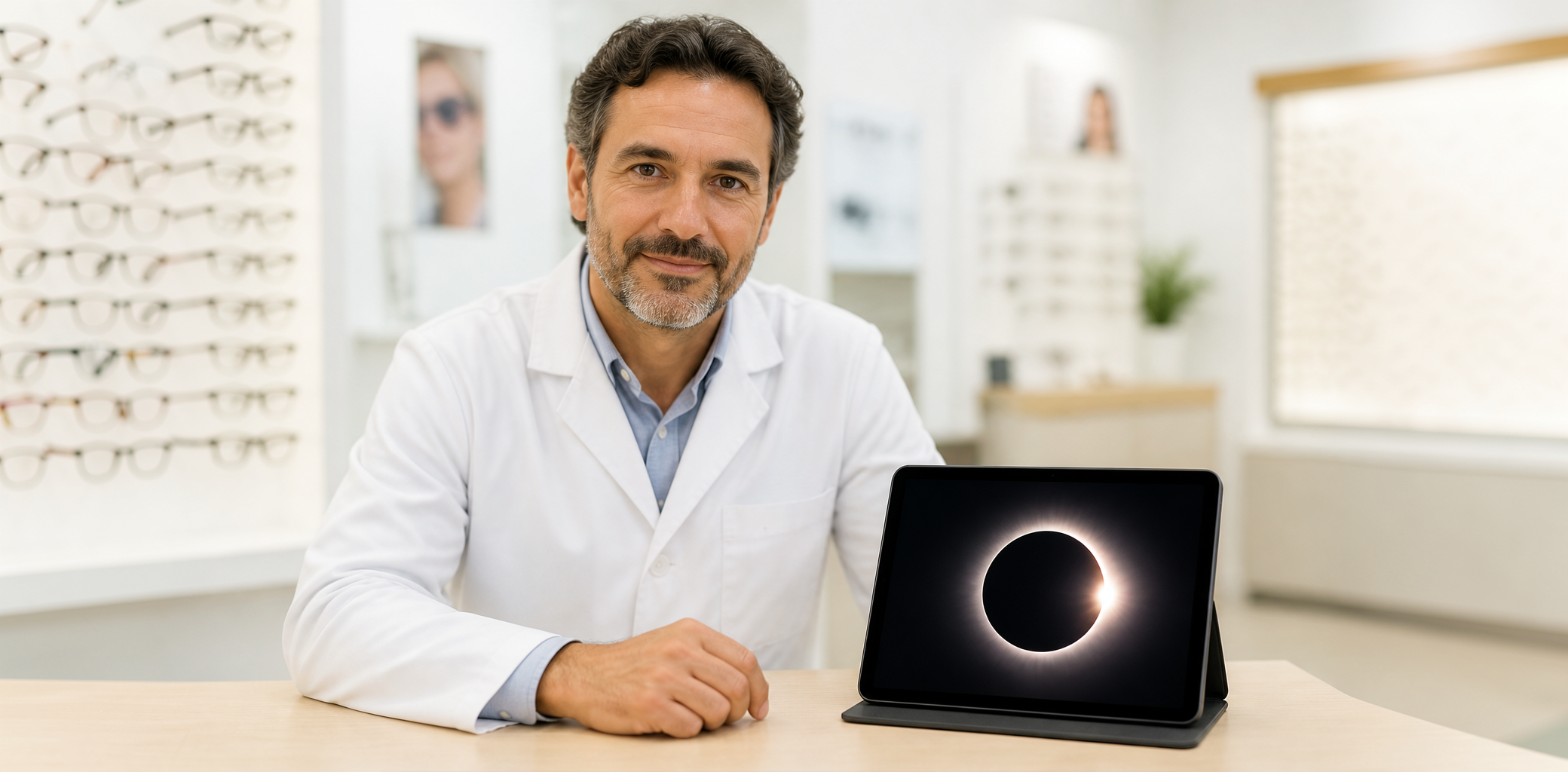 Optometrista explicando cómo observar un eclipse de forma segura