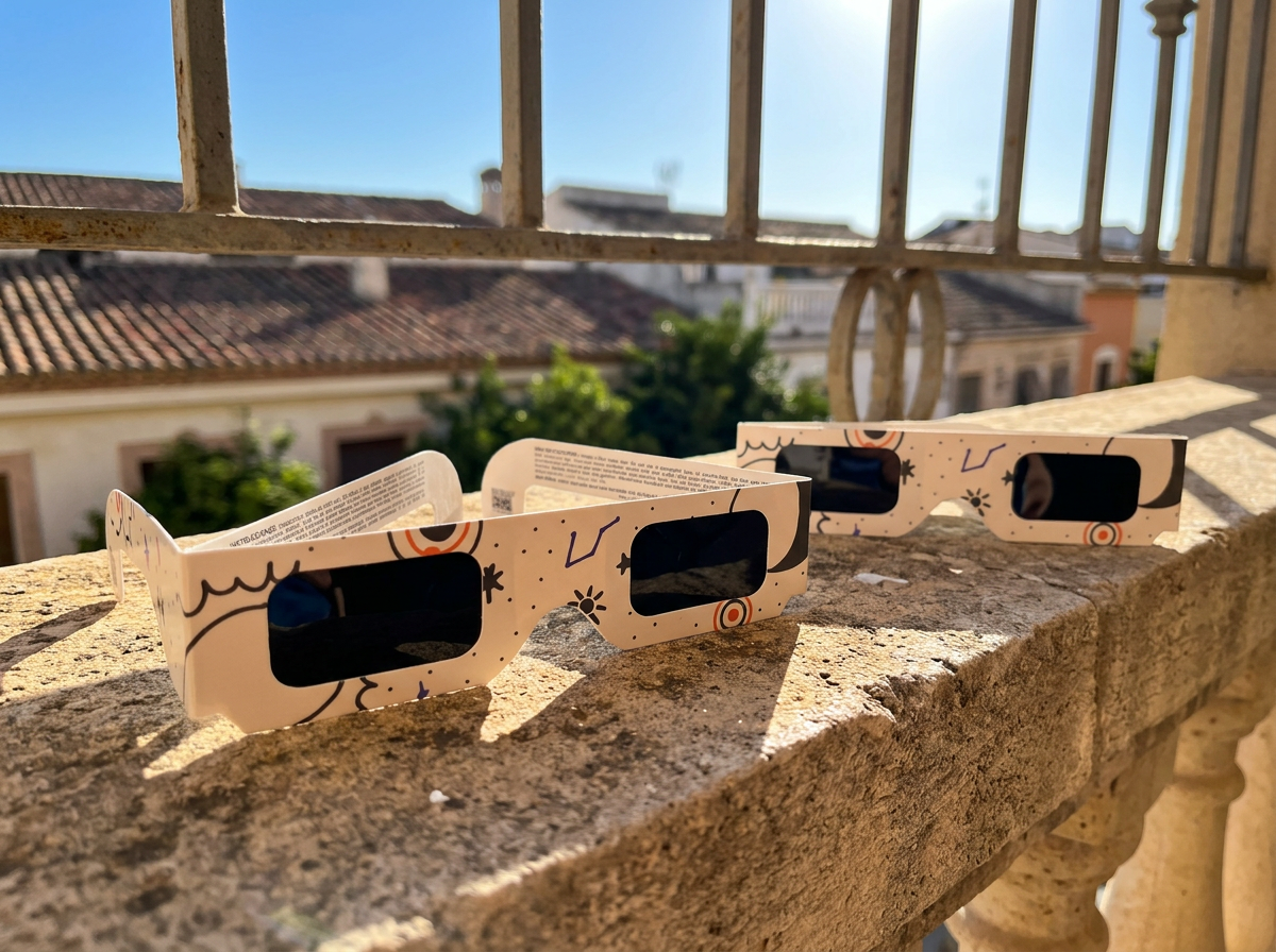Gafas de eclipse sobre una terraza con el horizonte despejado